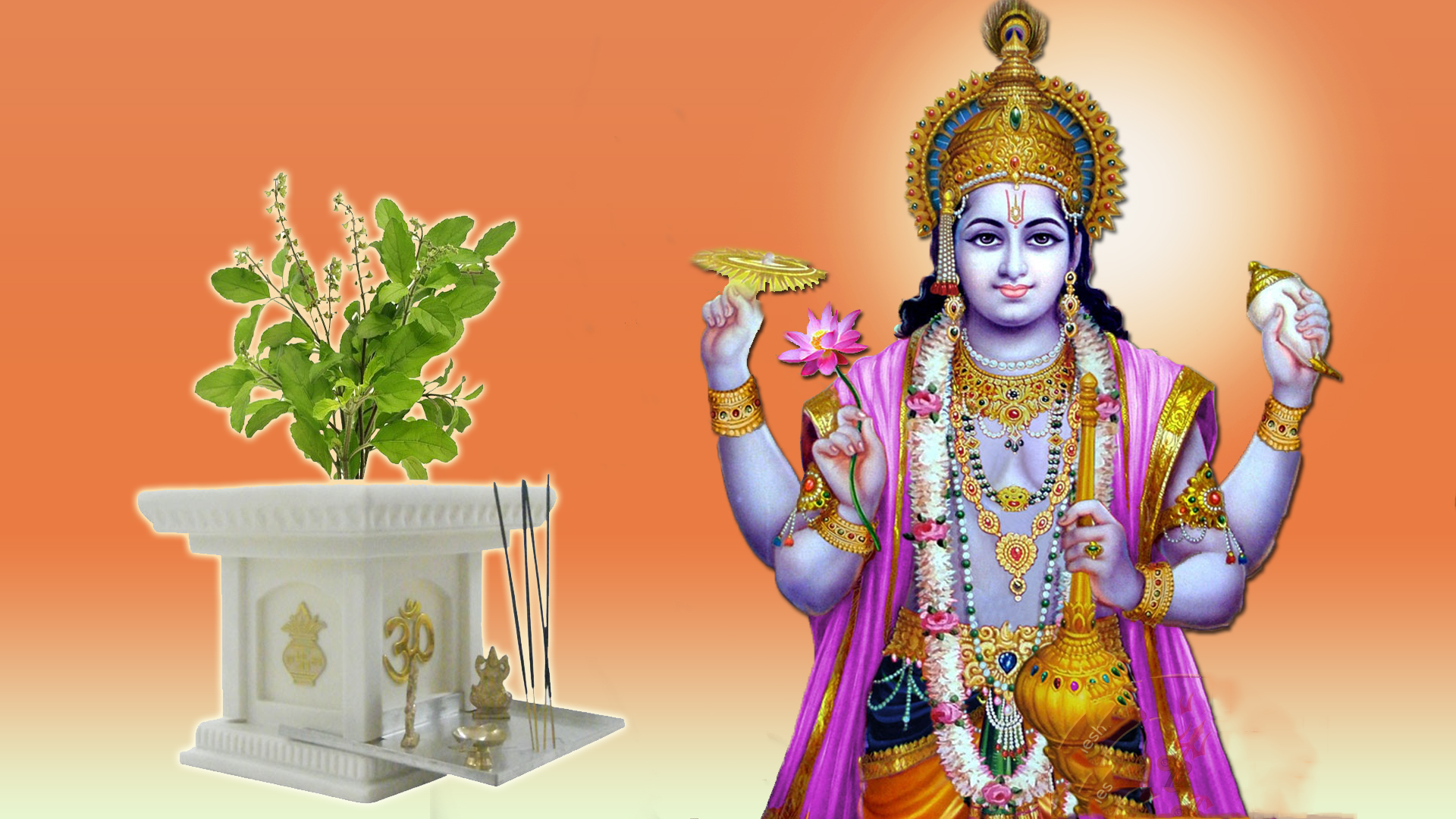 Lord Vishnu Wallpaper For Desktop - Happy Tulsi Pooja Wishes , HD Wallpaper & Backgrounds