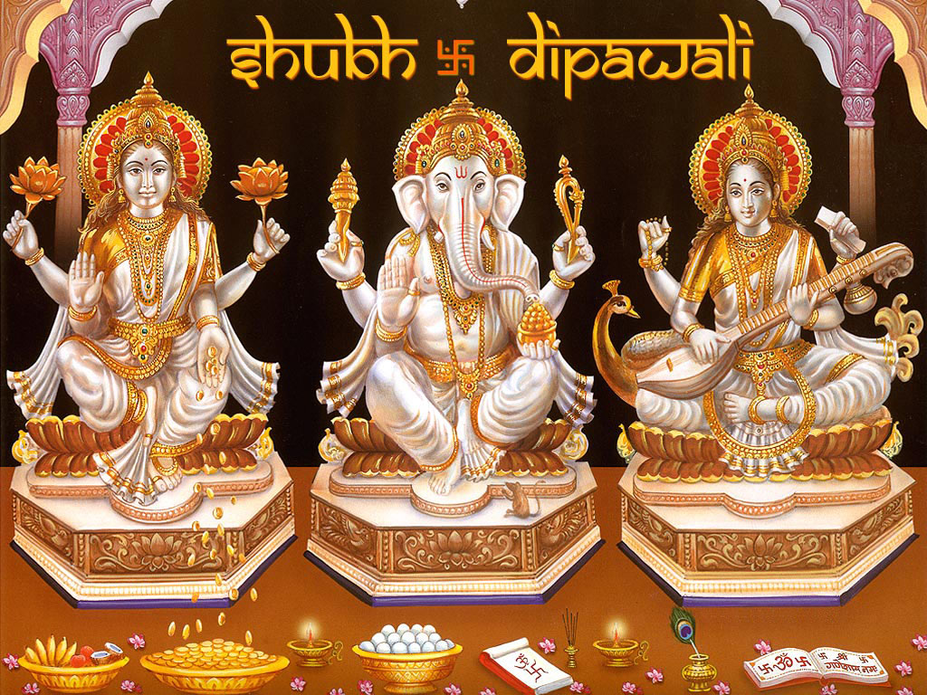 614 Laxmi Ganesh Saraswati Wallpaper - Happy Diwali With Laxmi Ganesh , HD Wallpaper & Backgrounds
