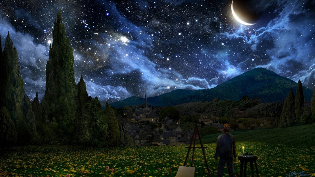 Painting Vincent Van Gogh Starry Night Wallpaper - Alex Ruiz Van Gogh , HD Wallpaper & Backgrounds