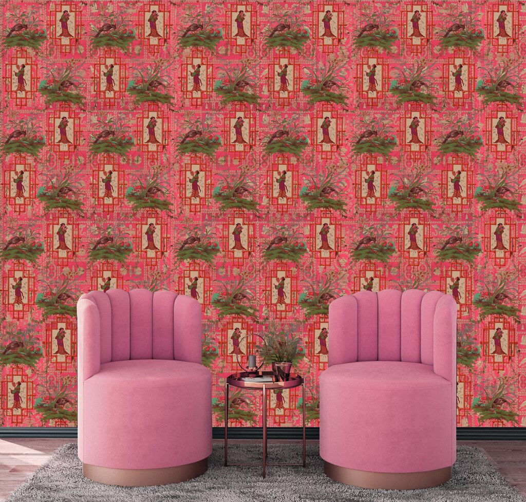 Wallpaper - Chinoiserie - Hot Pink - Club Chair , HD Wallpaper & Backgrounds