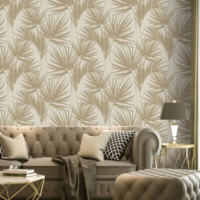Aurora Palm Leaf Cream / Gold Wallpaper - Grey Stripe Wallpaper Living Room , HD Wallpaper & Backgrounds