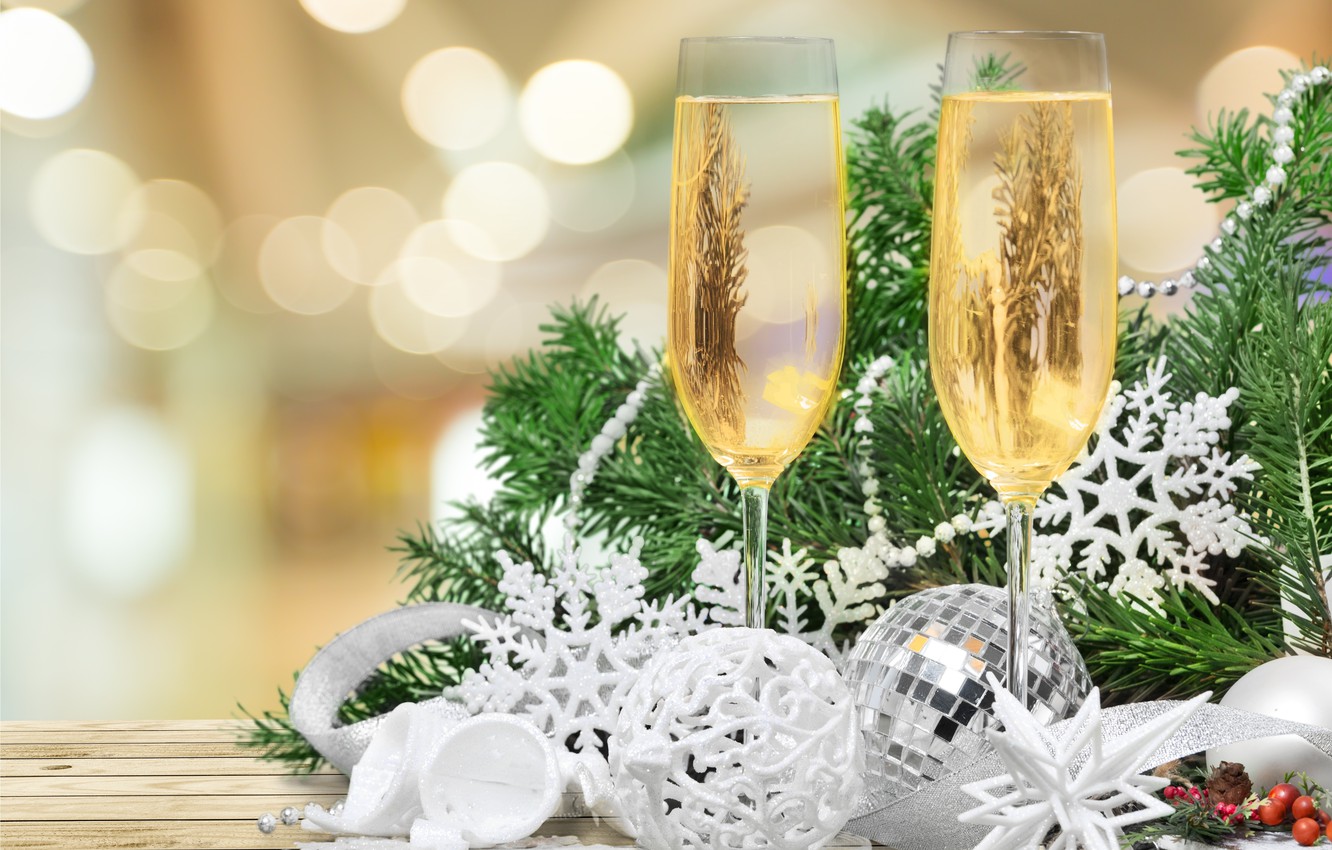 Photo Wallpaper Tree, New Year, Glasses, Christmas, - New Year Tree And Champagne , HD Wallpaper & Backgrounds