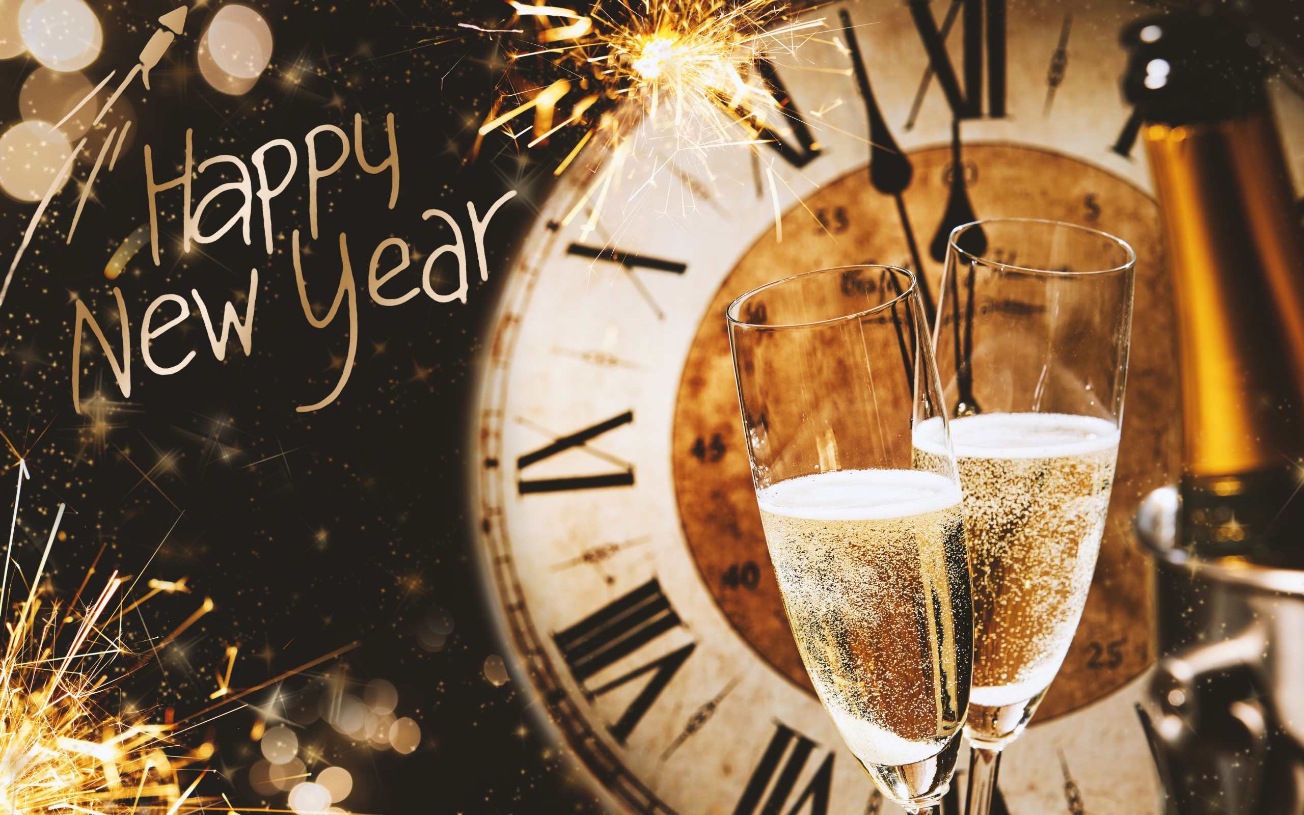 Happy New Year, Clock, 2018, Champagne, Midnight, Lights, - Happy New Year With Champagne , HD Wallpaper & Backgrounds