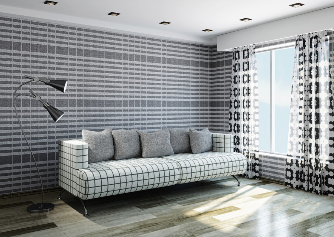 Checkered Fabric Sofa With Matching Wallpaper Interior - Pvc 3d Wall Panel In Pakistan , HD Wallpaper & Backgrounds