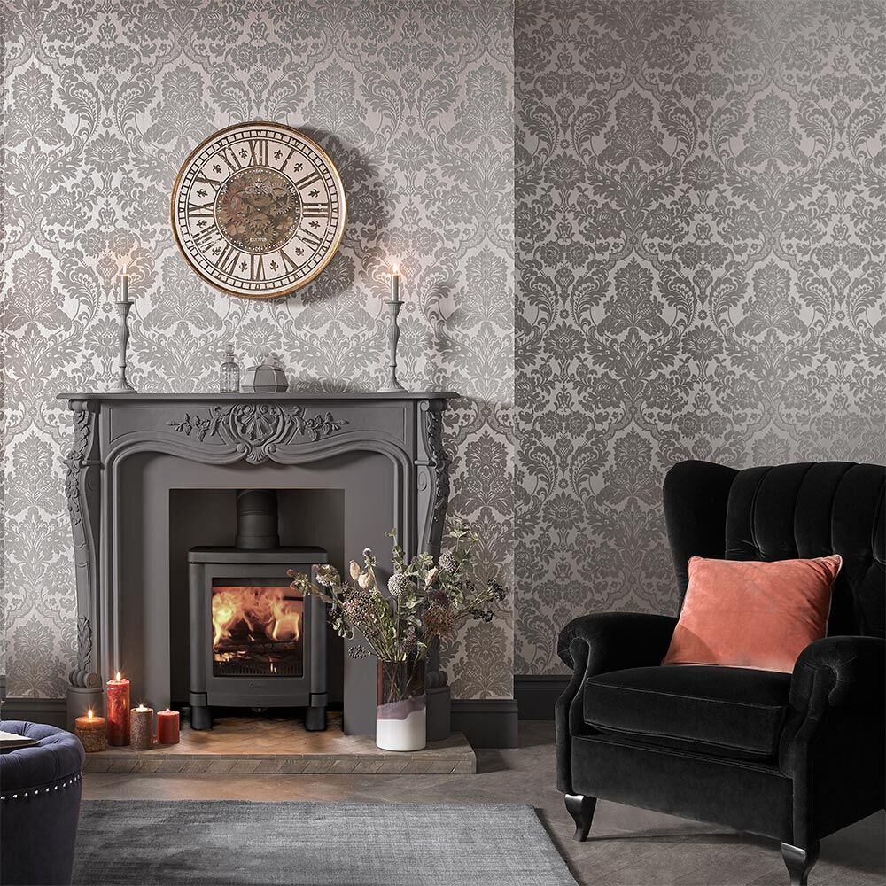 Gothic Damask Flock Grey & Silver Wallpaper, , Large - Damask Wallpaper Living Room , HD Wallpaper & Backgrounds