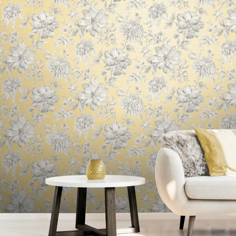 Crown Lucia Floral Yellow/grey Metallic Wallpaper - Yellow Grey , HD Wallpaper & Backgrounds