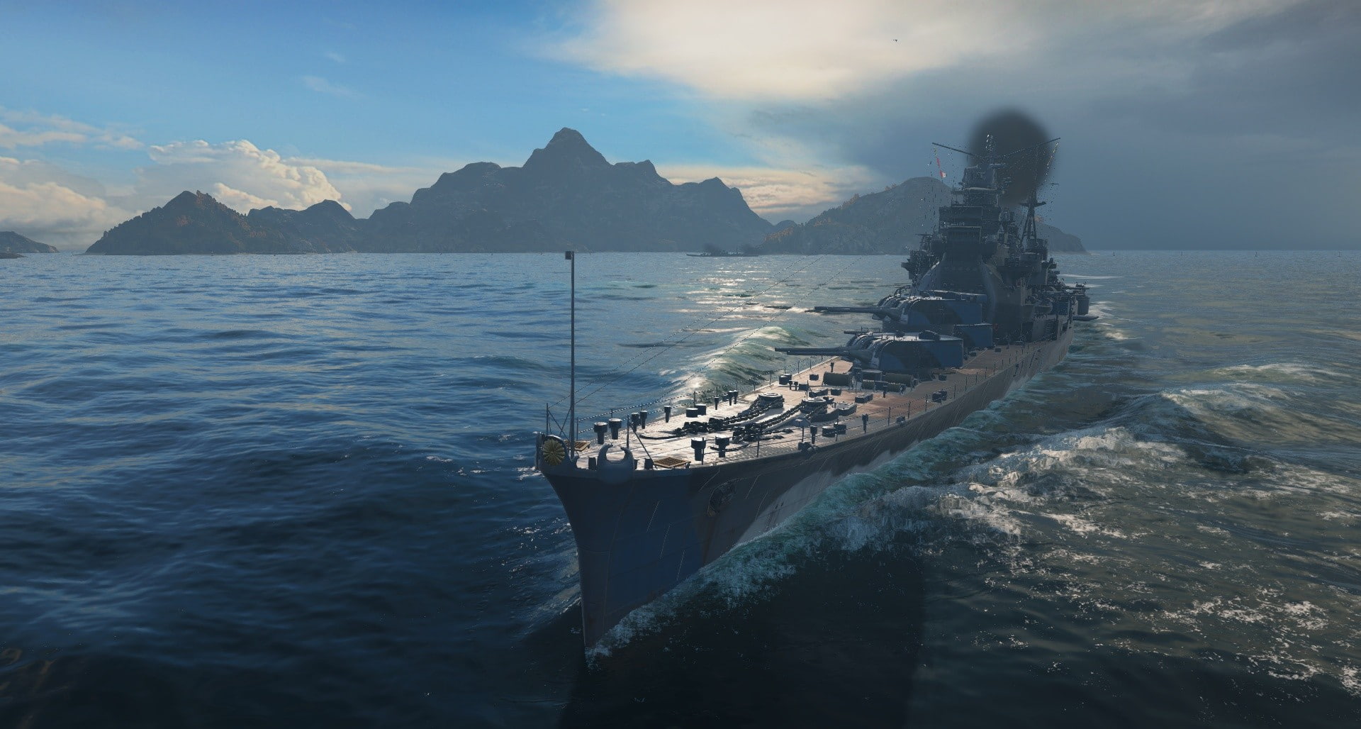 Остров линкор. Крейсер Ямамото. Крейсер в море. Военный корабль в океане.