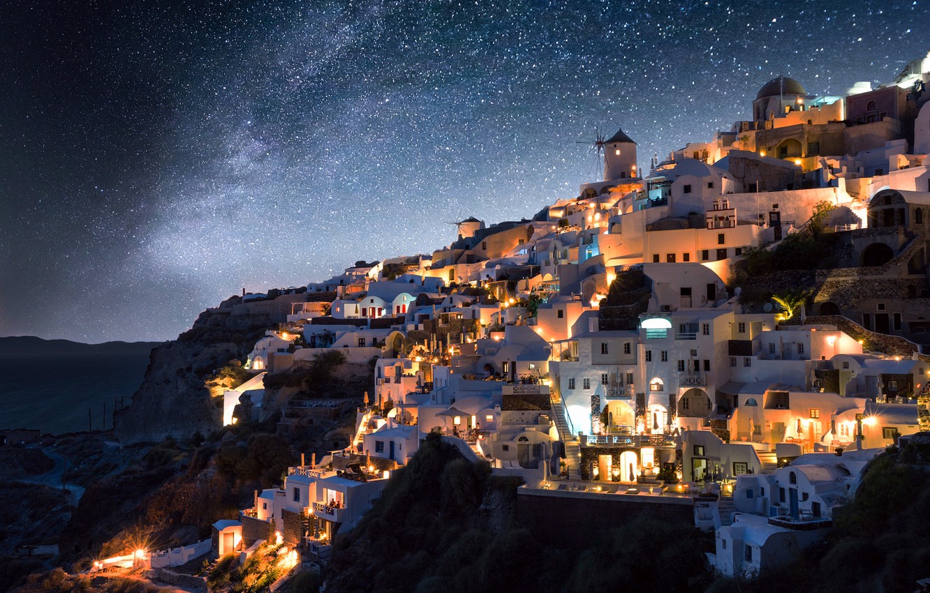 Photo Wallpaper Stars, Night, The City, Lights, Greece, - Greece Wallpaper Night , HD Wallpaper & Backgrounds