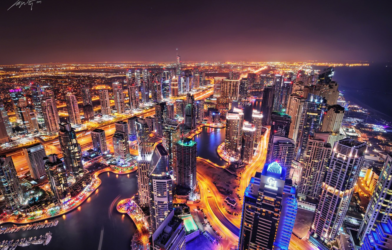 Photo Wallpaper Night, The City, Lights, The Evening, - Dubai City Lights , HD Wallpaper & Backgrounds