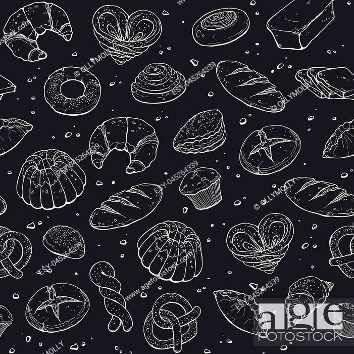 Hand Drawn Bread Seamless Pattern White On Black - Background พื้น หลัง เบ เก อ รี่ , HD Wallpaper & Backgrounds