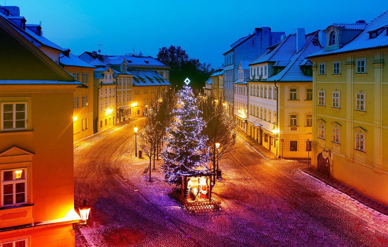 Photo Wallpaper Road, Trees, Lights, Holiday, New Year, - U Karlova Mostu , HD Wallpaper & Backgrounds