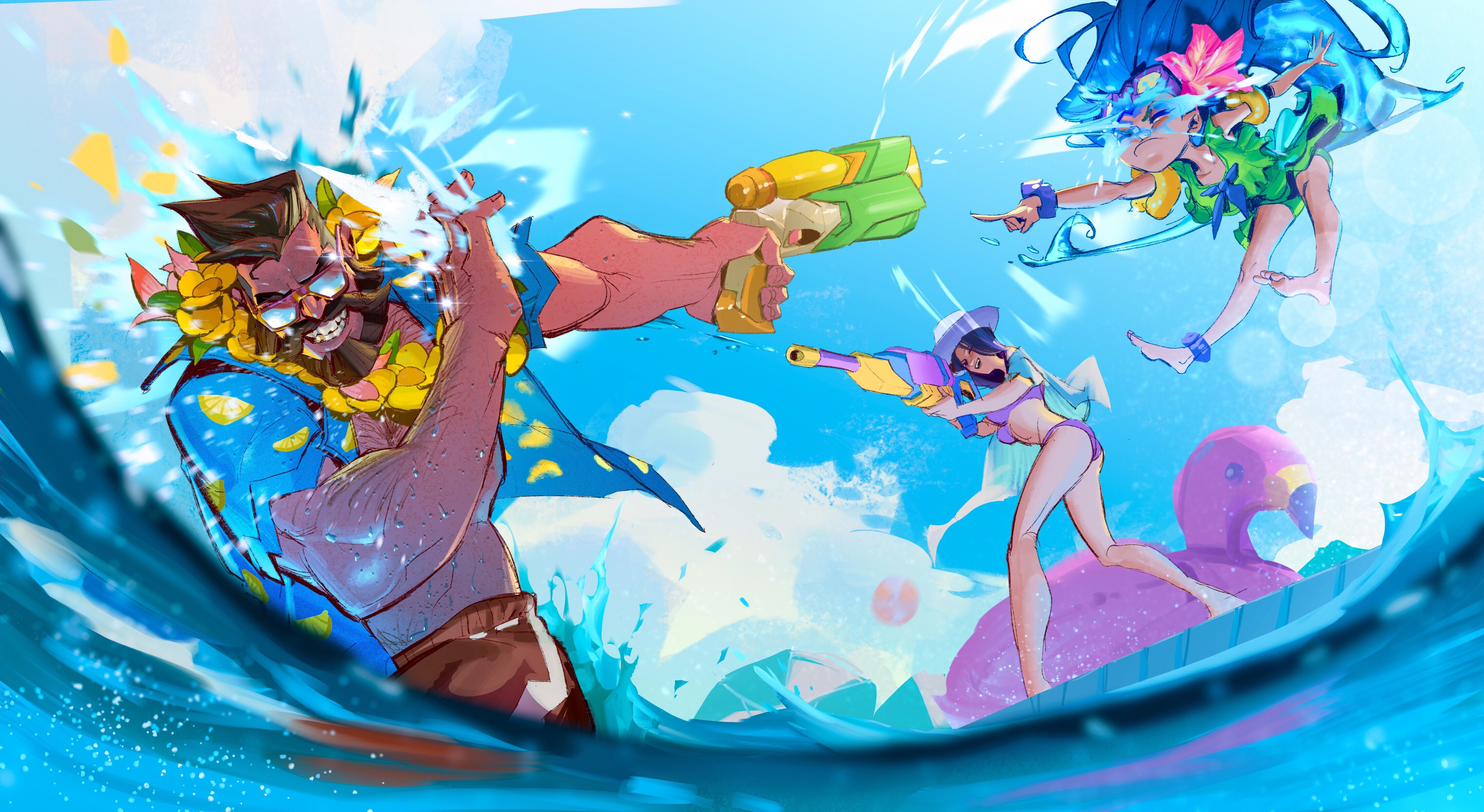 Pool Party Zoe, Caitlyn & Gangplank By 归途 Hd 4k Wallpaper - League Of Legends Pool Party Fanart , HD Wallpaper & Backgrounds