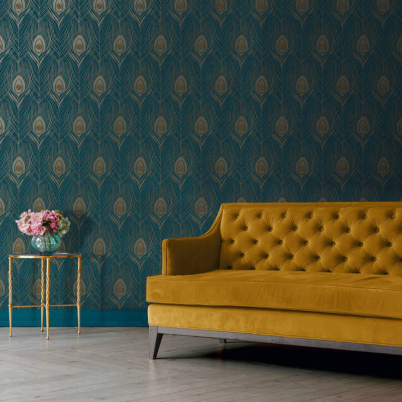 Dark Blue Wallpaper With Peacock Pattern And Mustard - Absolutely Chic , HD Wallpaper & Backgrounds