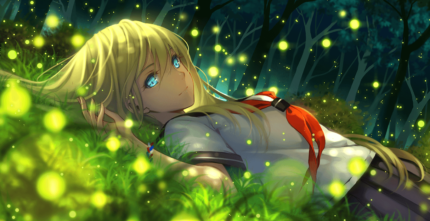 Anime Girl And Fireflies ~ Animated Wallpaper With - Engine Animated Wallpaper Anime , HD Wallpaper & Backgrounds