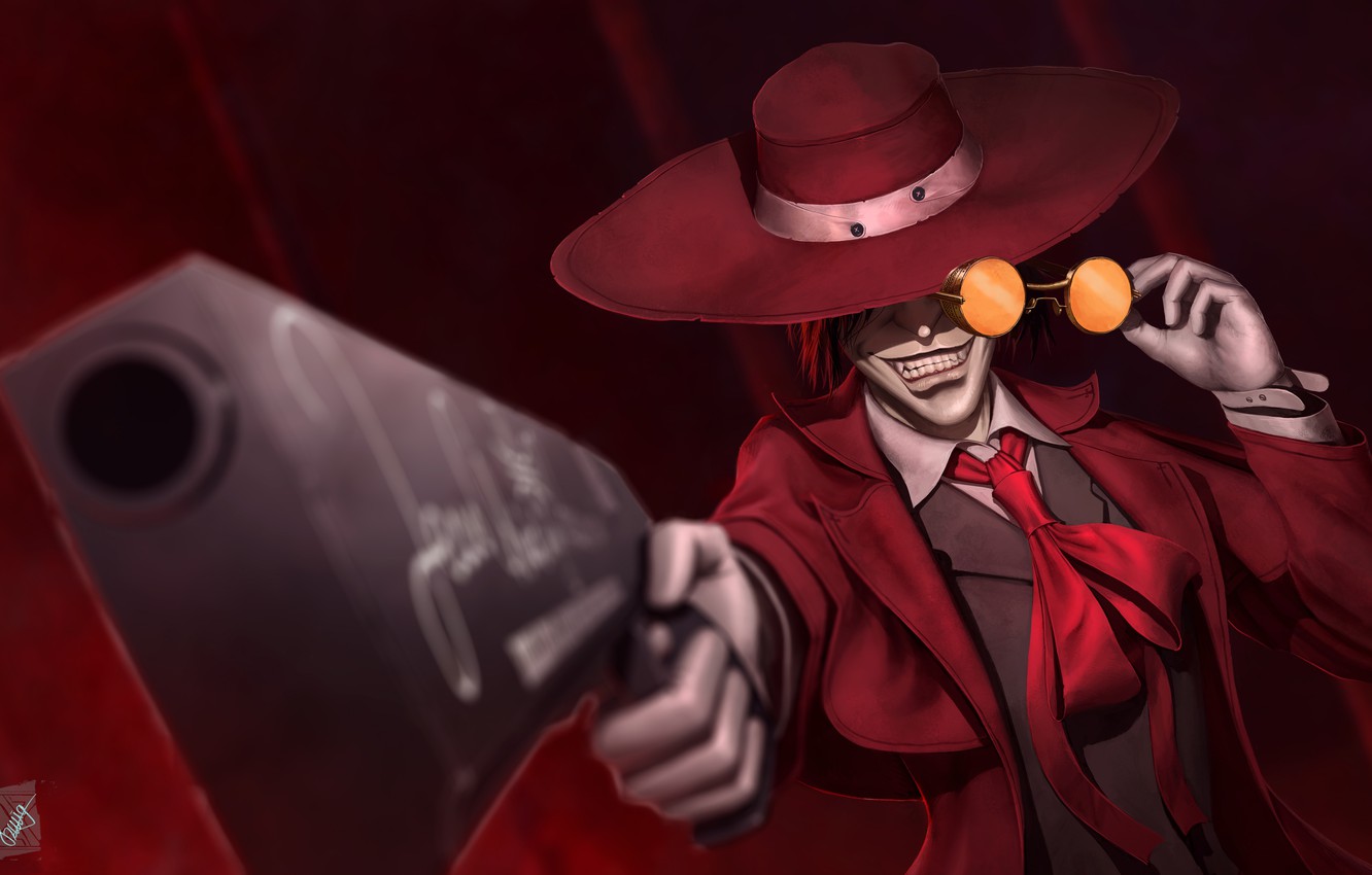 Photo Wallpaper Gun, Hat, Anime, Art, Glasses, Vampire, - Hellsing Alucard Fan Art , HD Wallpaper & Backgrounds