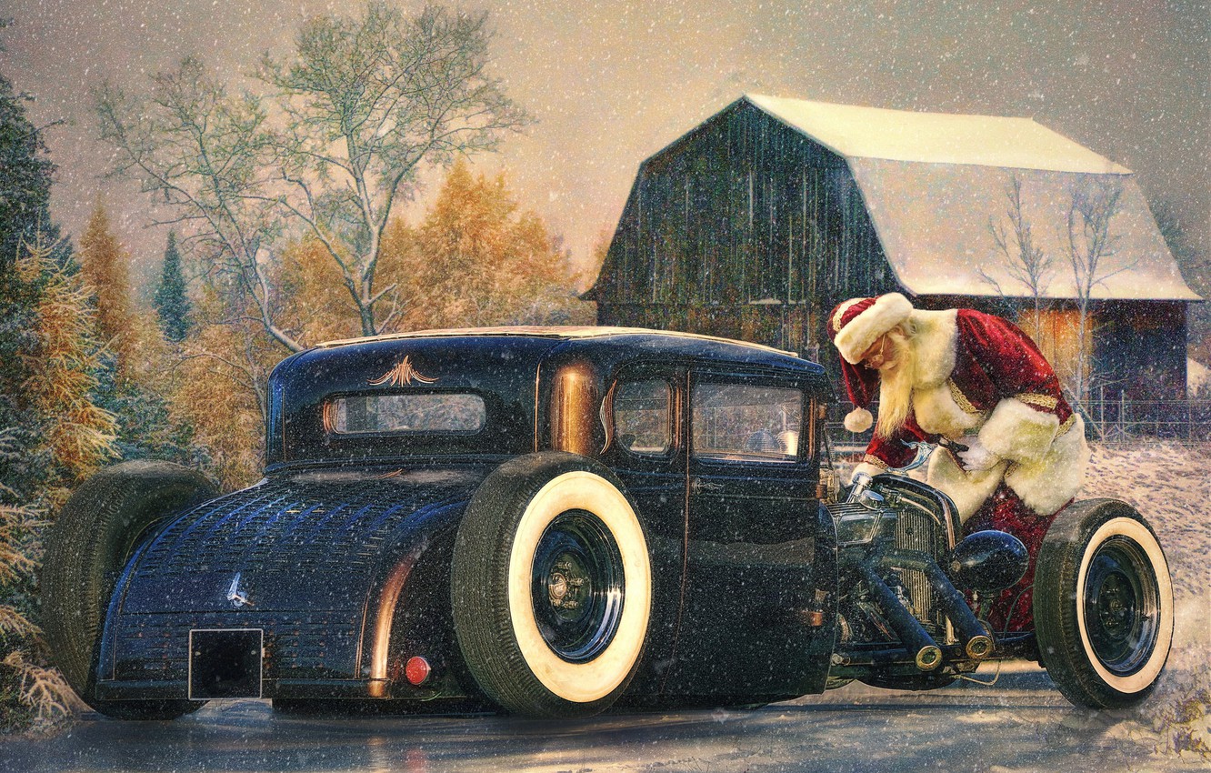 Photo Wallpaper Auto, Holiday, Santa Claus, Santa Claus, - Antique Car , HD Wallpaper & Backgrounds
