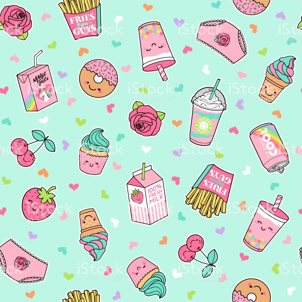 Cute Pastel Foods Patches Seamless Pattern With Heart - Cute Milk Tea Background , HD Wallpaper & Backgrounds