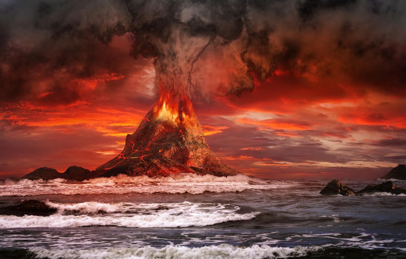 Photo Wallpaper Red, Sea, Ocean, Mountains, Volcano - Volcano And Ocean , HD Wallpaper & Backgrounds