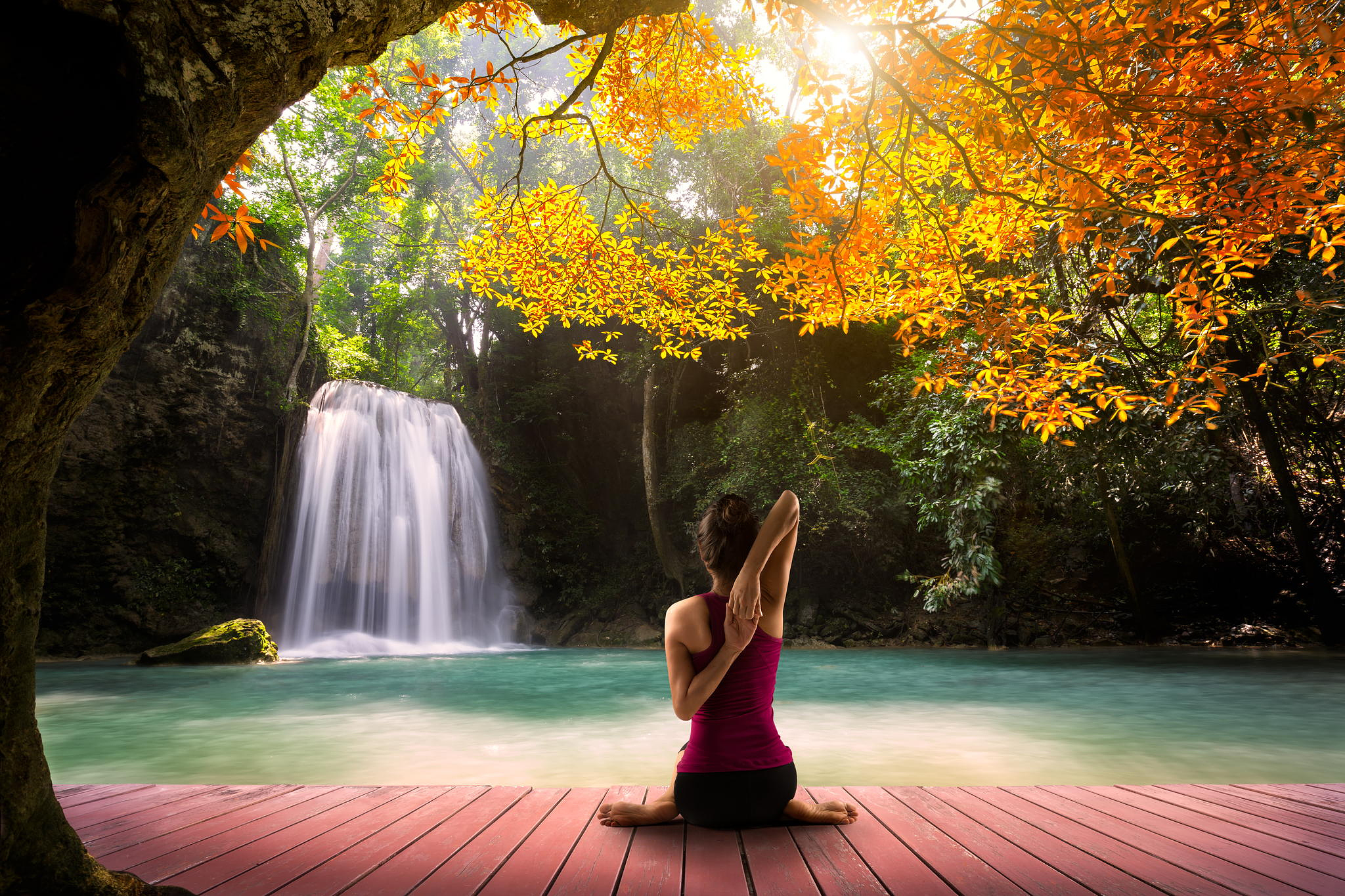 Waterfall View Women Performing Yoga Wallpaper 2048×1365 - Nature Meditation , HD Wallpaper & Backgrounds