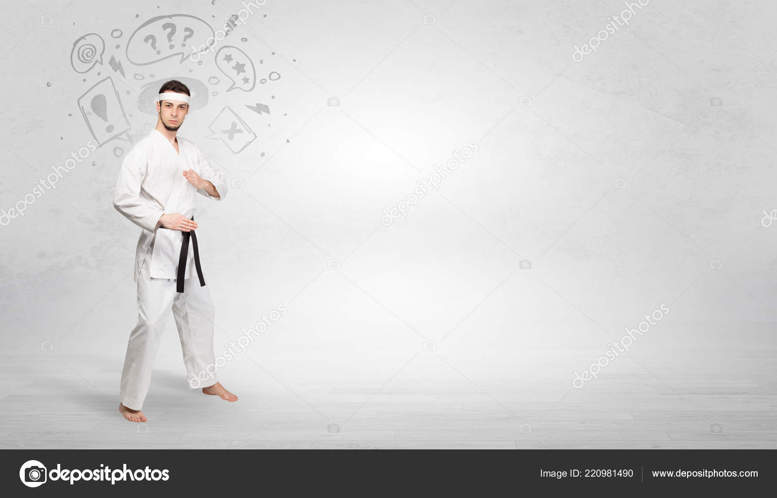 Karate Trainer Fighting With Doodled Symbols Concept - Karate , HD Wallpaper & Backgrounds