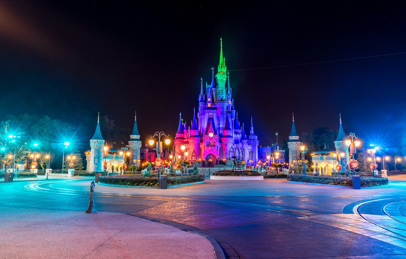 Photo Wallpaper Lights, Night, Castle, Park, Disneyland - Disney World, Cinderella Castle , HD Wallpaper & Backgrounds