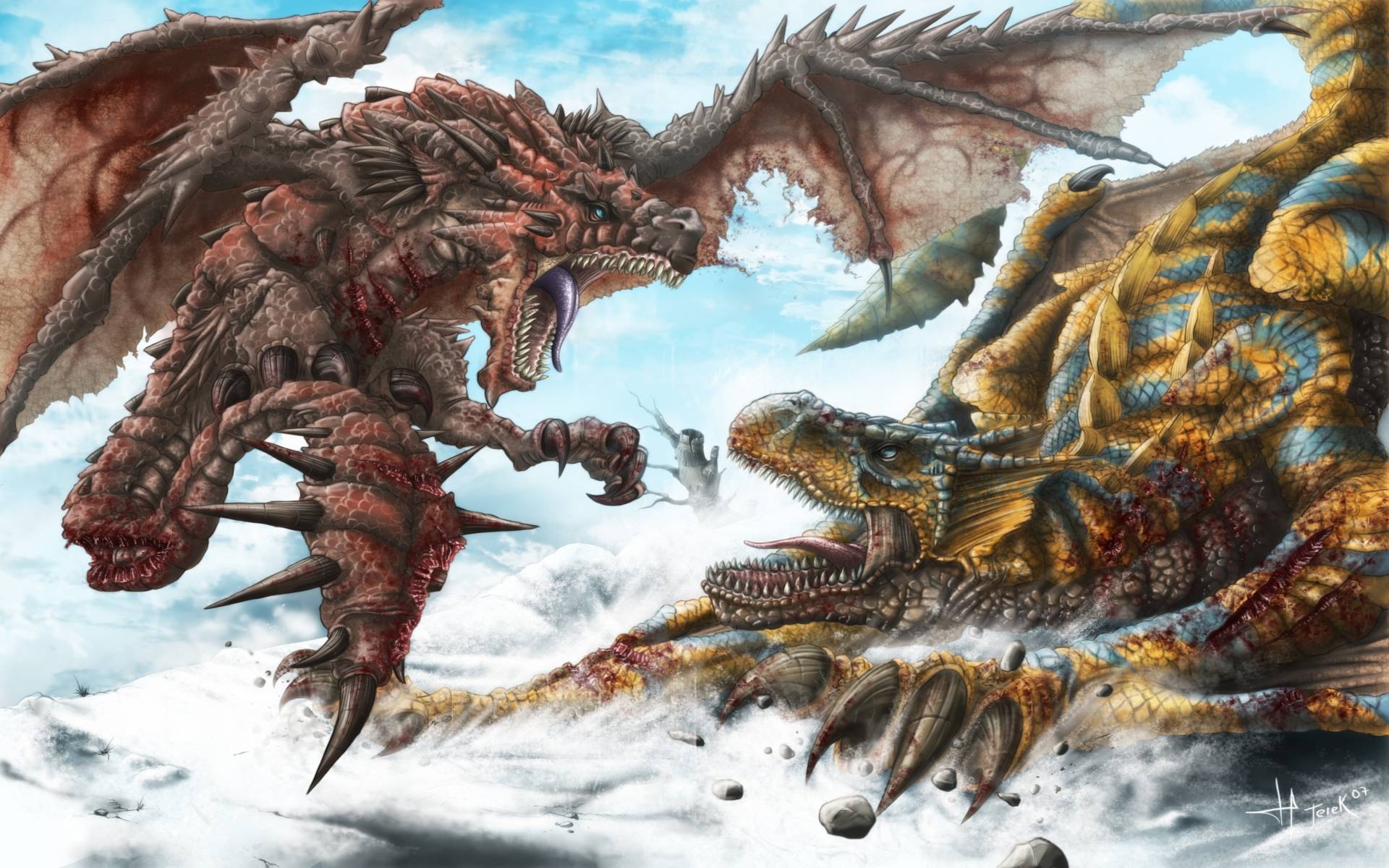 Monster Hunter Wallpaper Wallpaperesque - Tigrex Vs Rathalos , HD Wallpaper & Backgrounds