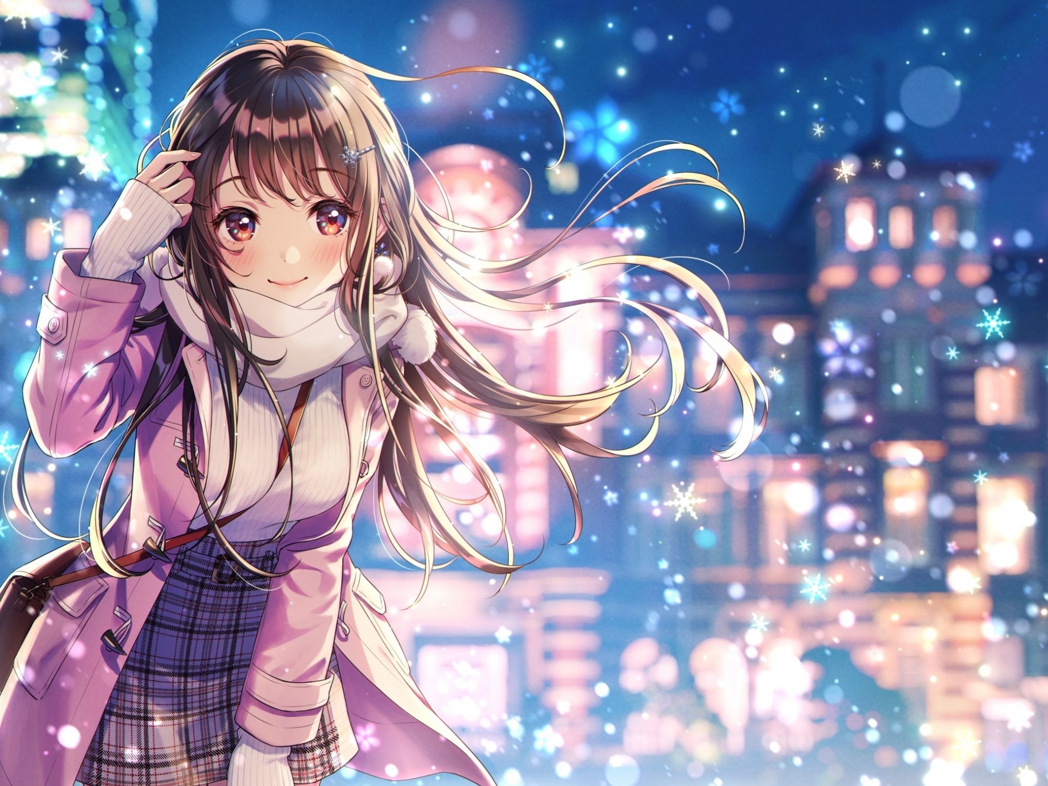 Beautiful Anime Girl, Coat, Smiling, Winter, Snowflakes, - Anime Girl Wallpaper Hd , HD Wallpaper & Backgrounds