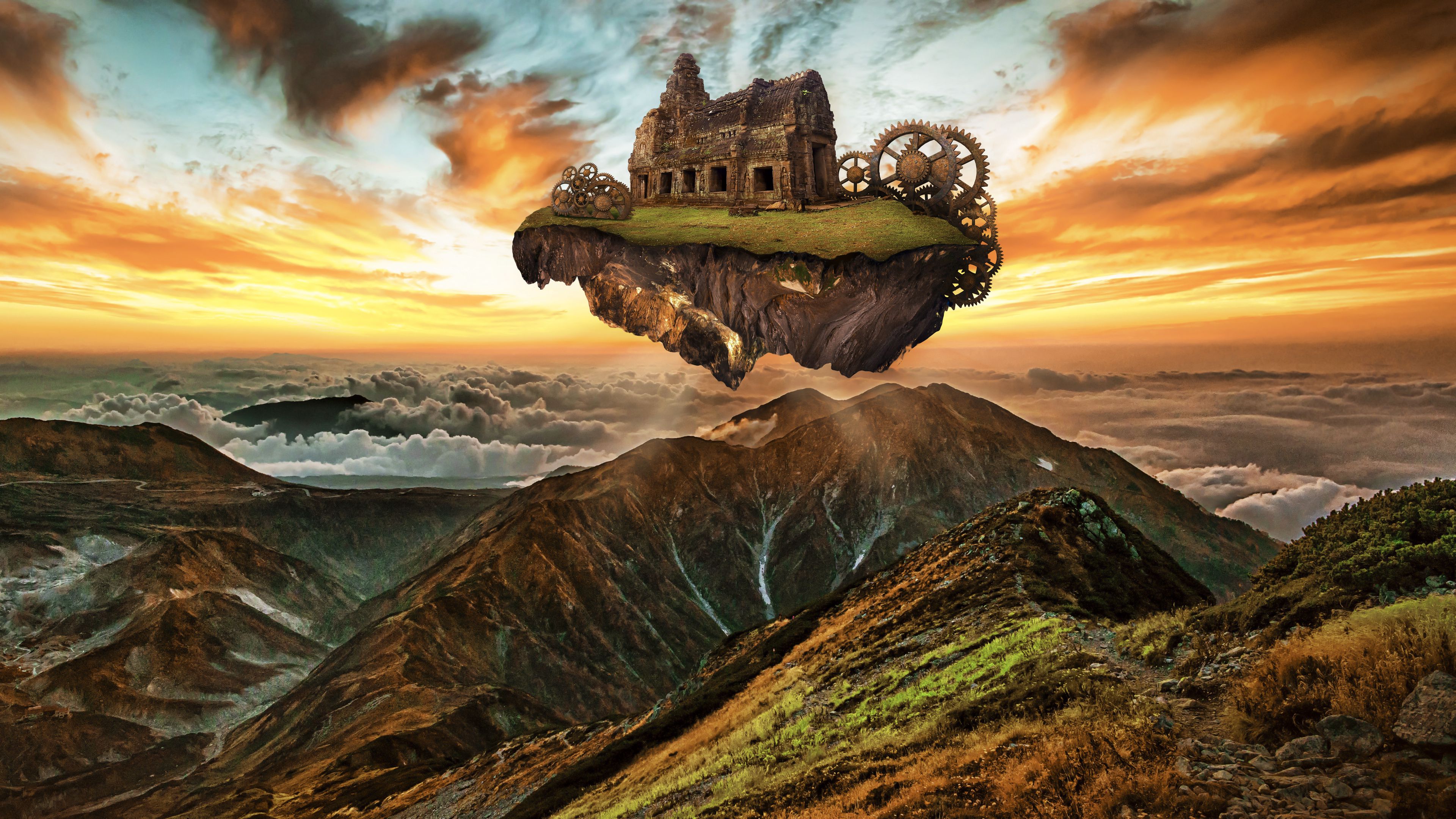 Wallpaper Mountains, Building, Engine, Gears, Steampunk, - Fantasy Floating House , HD Wallpaper & Backgrounds