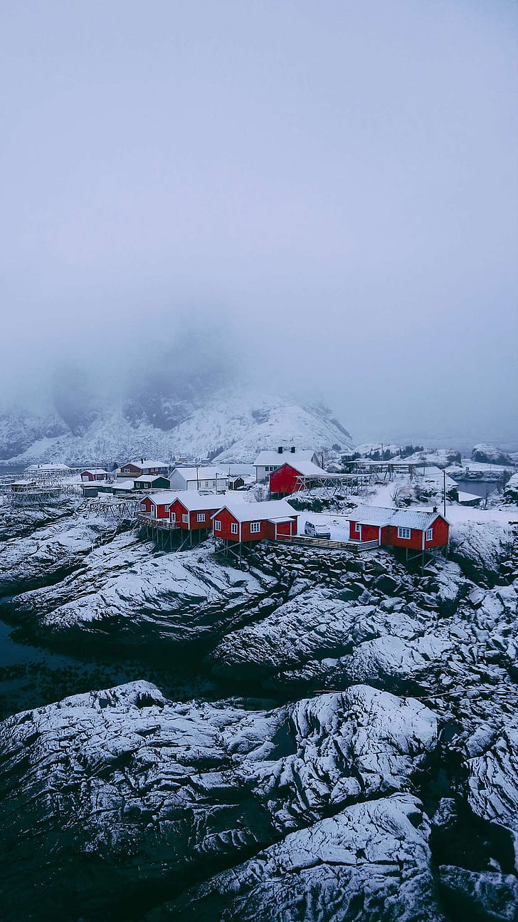 Landscape, Vertical, Winter, Snow, Mist, House, Town, , HD Wallpaper & Backgrounds