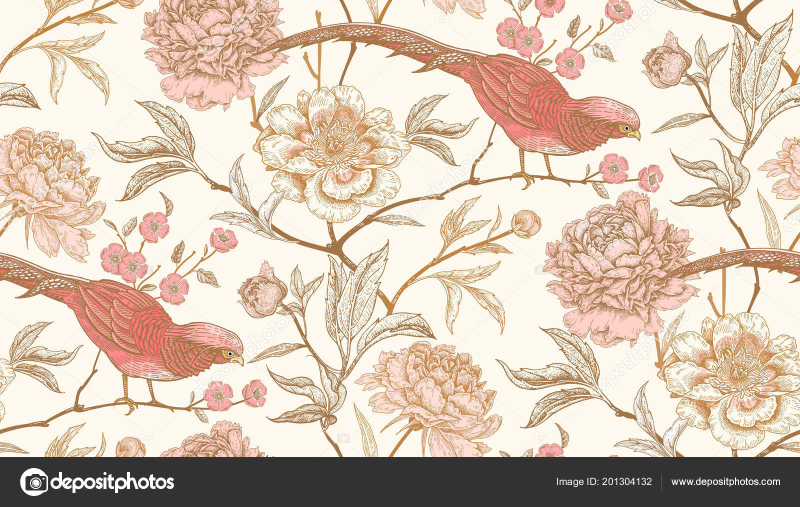 Peonies Pheasants Floral Vintage Seamless Pattern Flowers - Vintage Birds Wallpaper Pink , HD Wallpaper & Backgrounds
