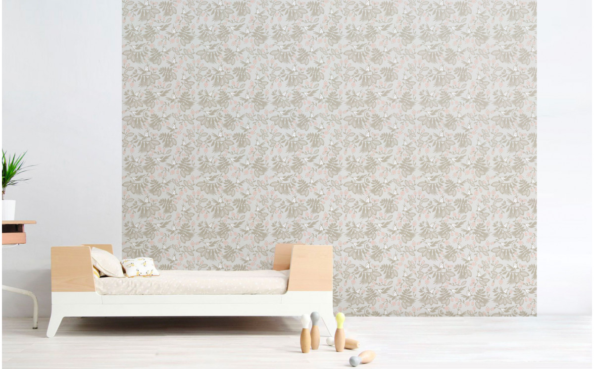 Pink Gray Flowers Birds Kids Wallpaper For Baby Girl - Wall Cute , HD Wallpaper & Backgrounds