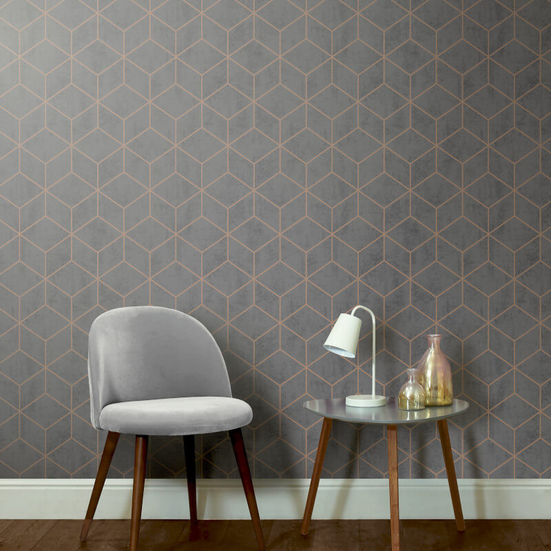 Arthouse Box Geometric Charcoal/copper Metallic Wallpaper - Arthouse Floral Wallpaper Grey Rose Gold , HD Wallpaper & Backgrounds