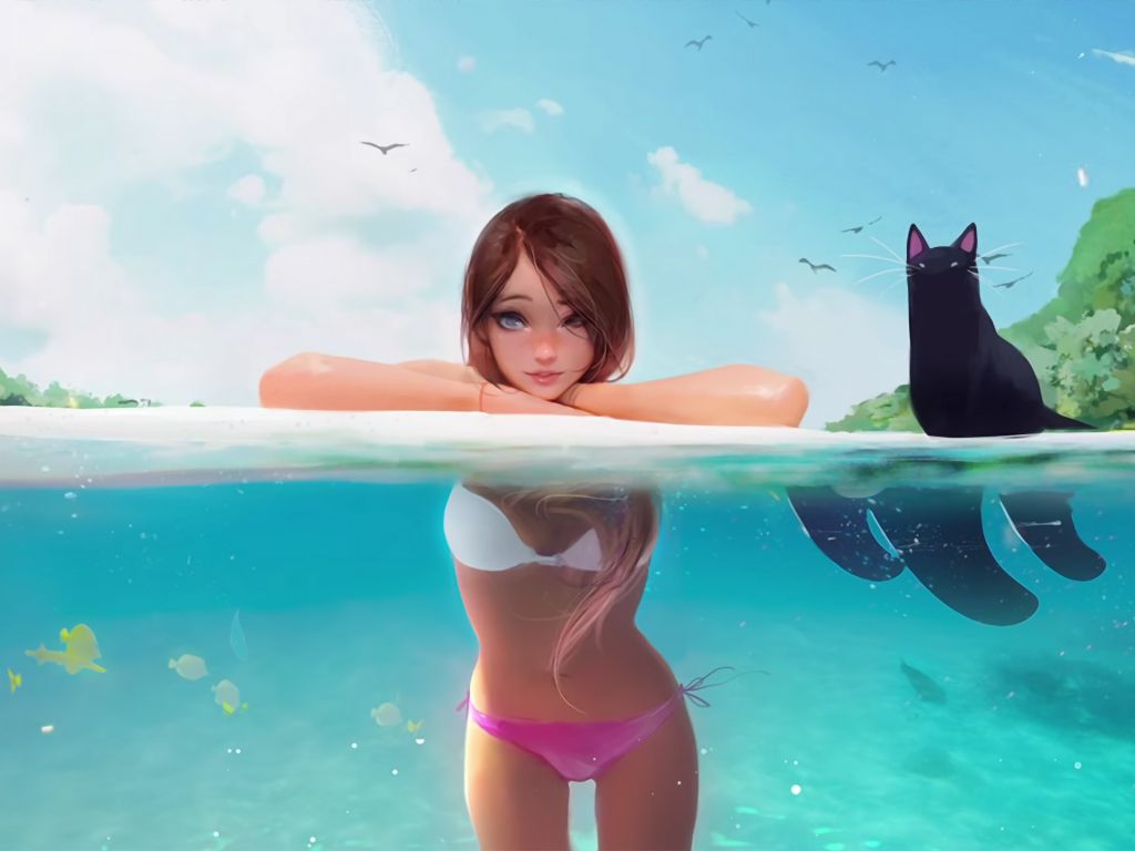 Girl And Cat Wallpaper - Ross Draws Surf , HD Wallpaper & Backgrounds