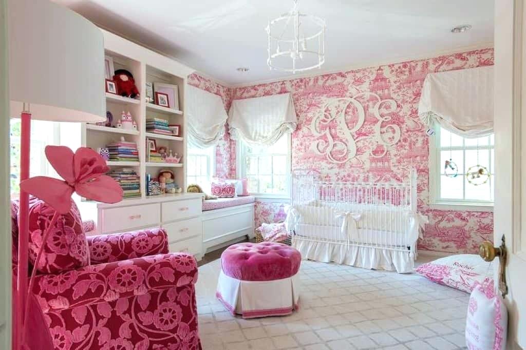 Baby Girl Room With Pink Nursery Wallpaper And White - Pink Toile Nursery , HD Wallpaper & Backgrounds