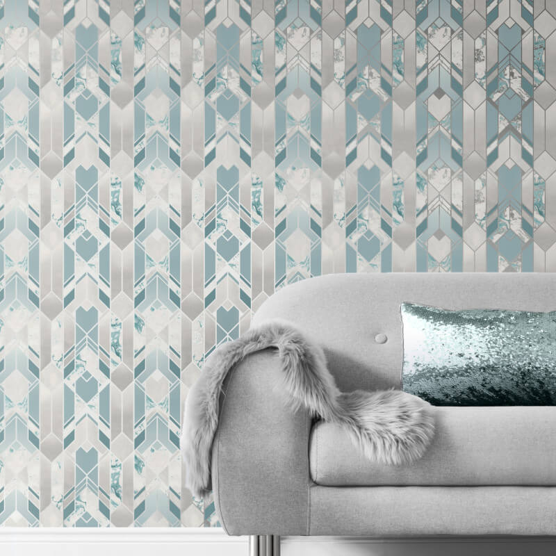 Muriva Elixir Geometric Marble Teal/silver Metallic - Rose Gold Wallpaper Living Room , HD Wallpaper & Backgrounds