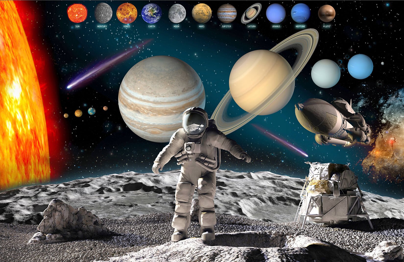 Astronaut In Solar System Space Plain Wall Murals - Solar System And Astronaut , HD Wallpaper & Backgrounds