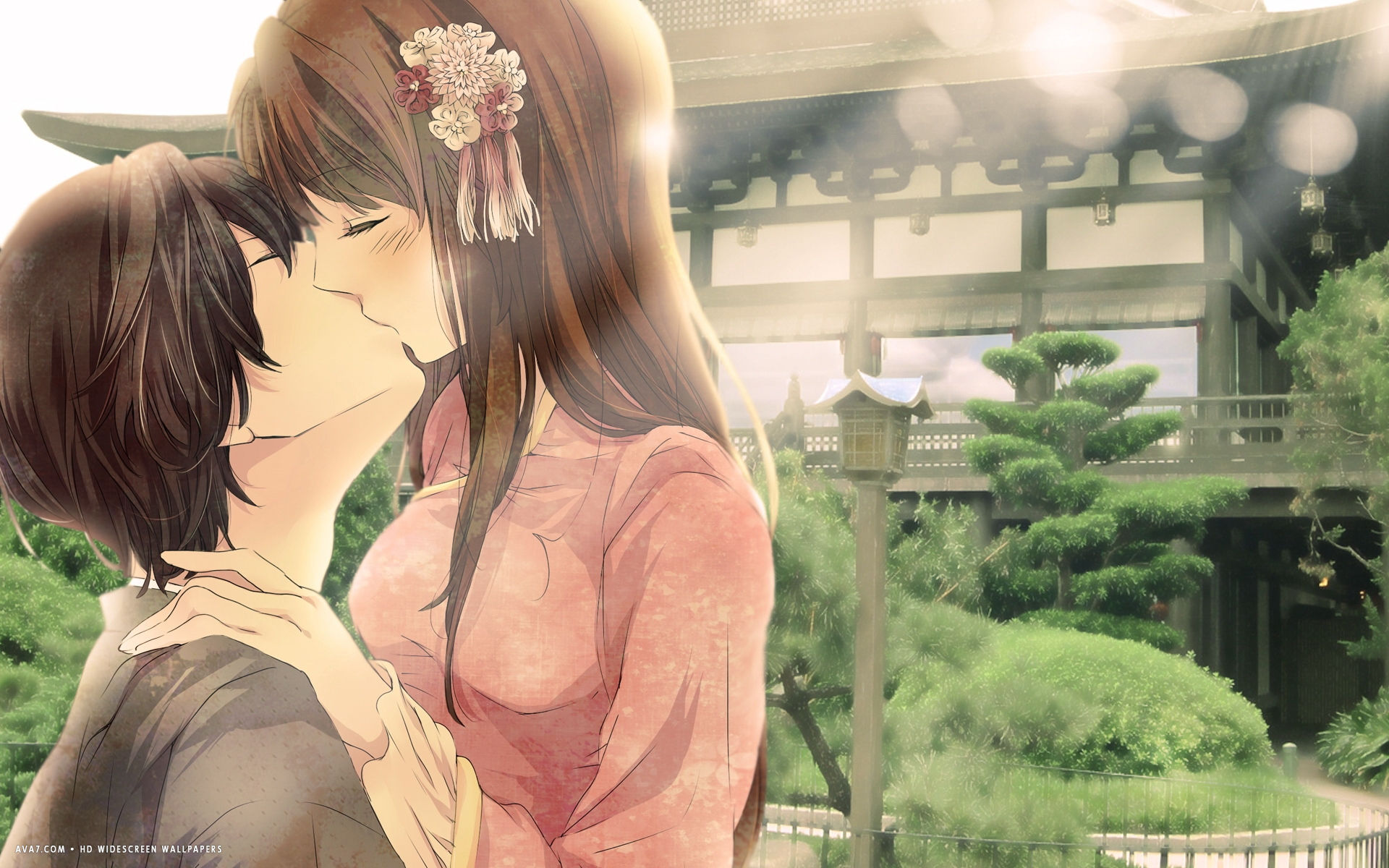 Romantic Kiss Anime Love Couple Kissing Girl Hd Widescreen - Romantic Anime Couple Kiss , HD Wallpaper & Backgrounds