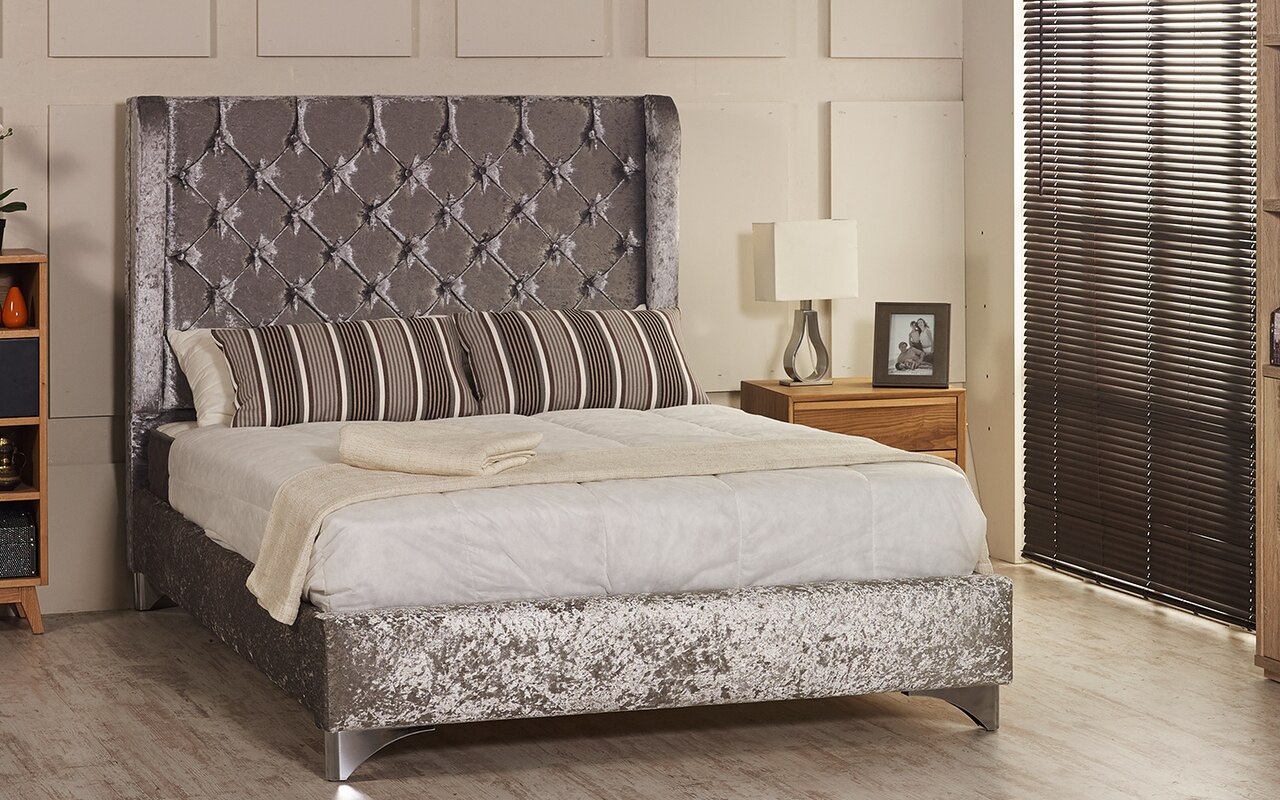 Riga Wing Back Upholstered Bed Frame Shown In Ice Crush - Crushed Velvet Buttoned Bed , HD Wallpaper & Backgrounds