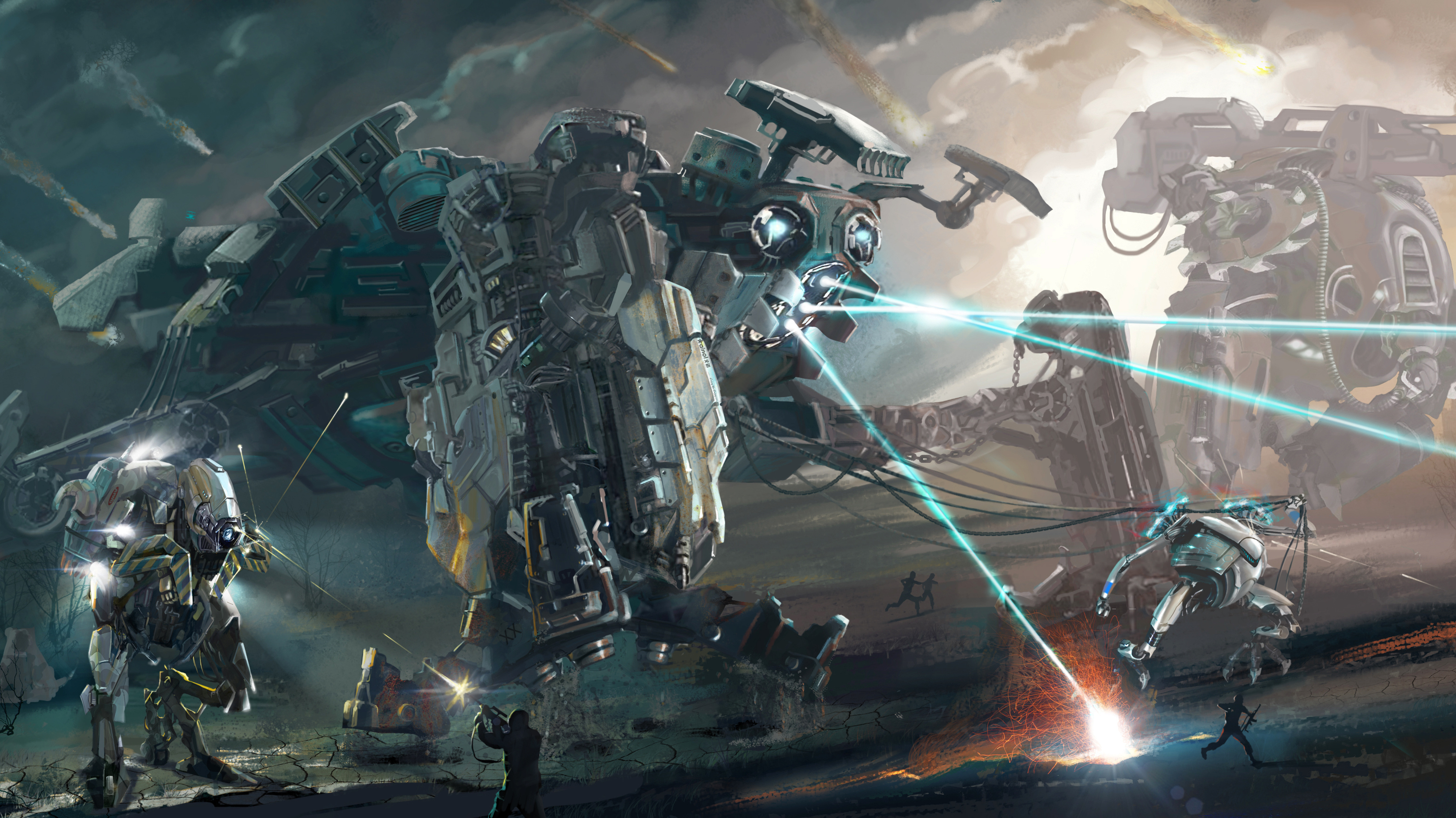 Battles Robot Firing Fantasy Robot Mecha Battle Wallpaper - Futuristic Battlefield Concept Art , HD Wallpaper & Backgrounds