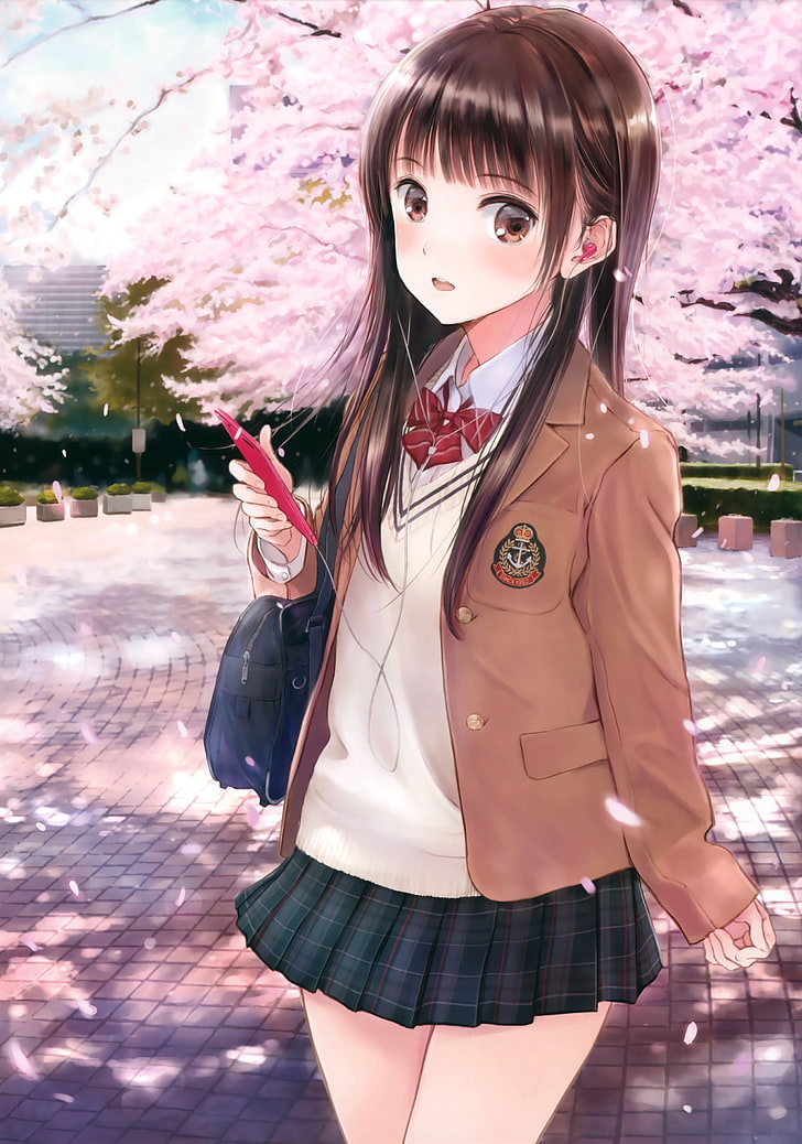 Anime, Anime Girls, Long Hair, Phone, Brunette, Brown - School Cute Anime Wallpaper Hd , HD Wallpaper & Backgrounds