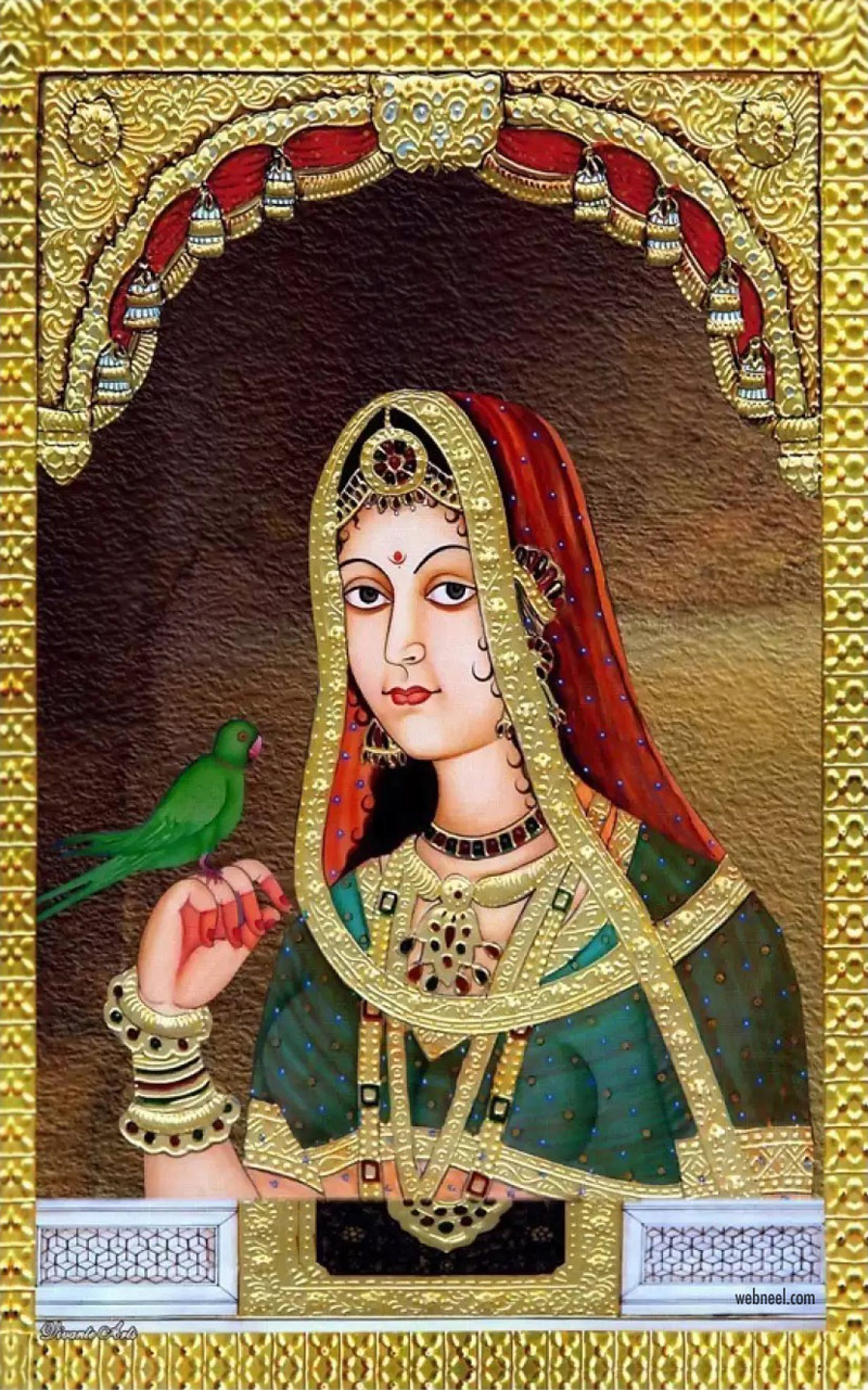 Rajasthani Painting Artwork Woman Parrot - Old Rajasthani Paintings , HD Wallpaper & Backgrounds