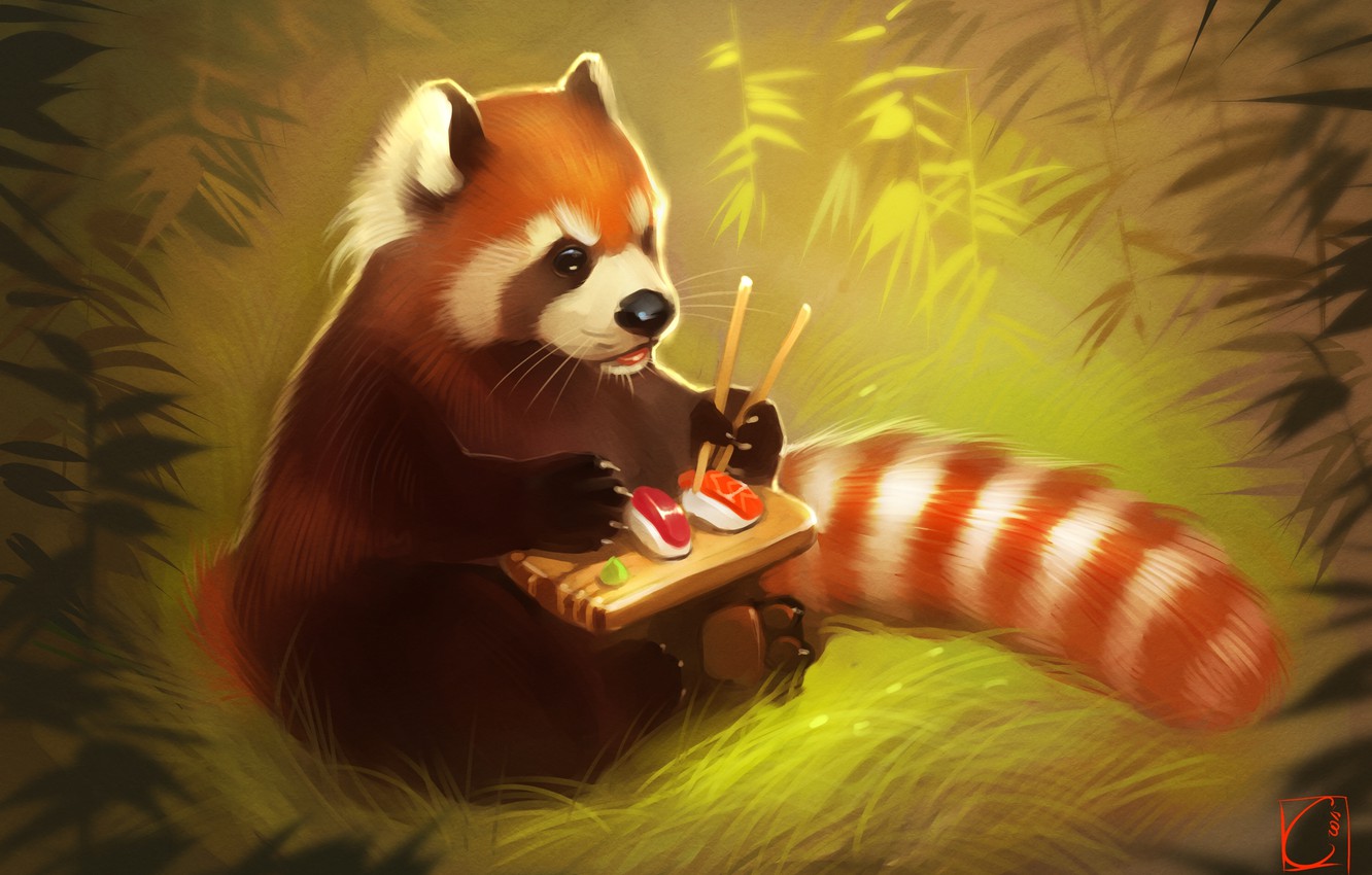 Photo Wallpaper Bear, Art, Panda, Sushi, Red Panda - Red Panda Wallpaper Art , HD Wallpaper & Backgrounds