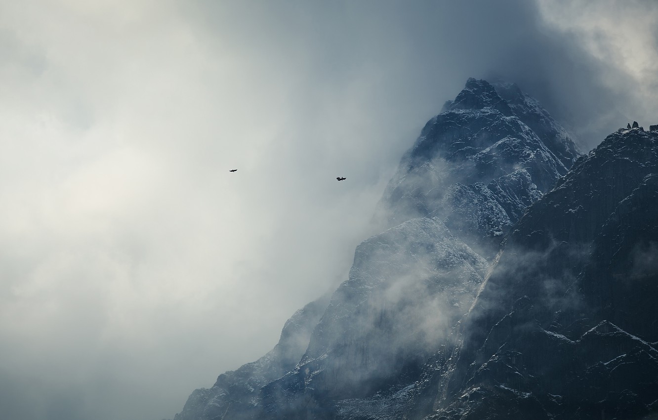 Photo Wallpaper Clouds, Snow, Mountains, Birds, The - Birds Mountains , HD Wallpaper & Backgrounds