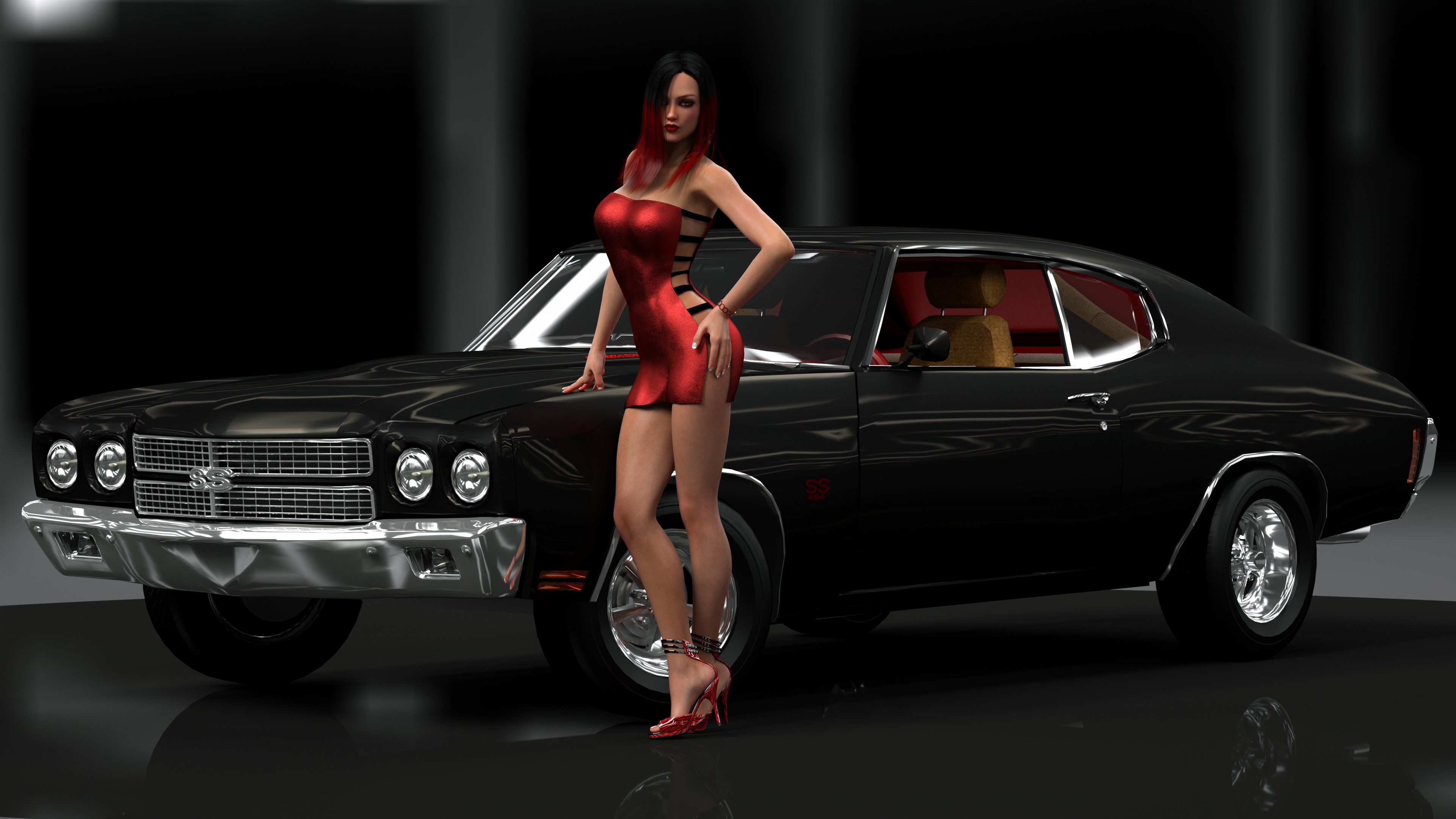 Wallpaper 3d Girl, Red Hair, Skirt, Car - Muscle Car , HD Wallpaper & Backgrounds