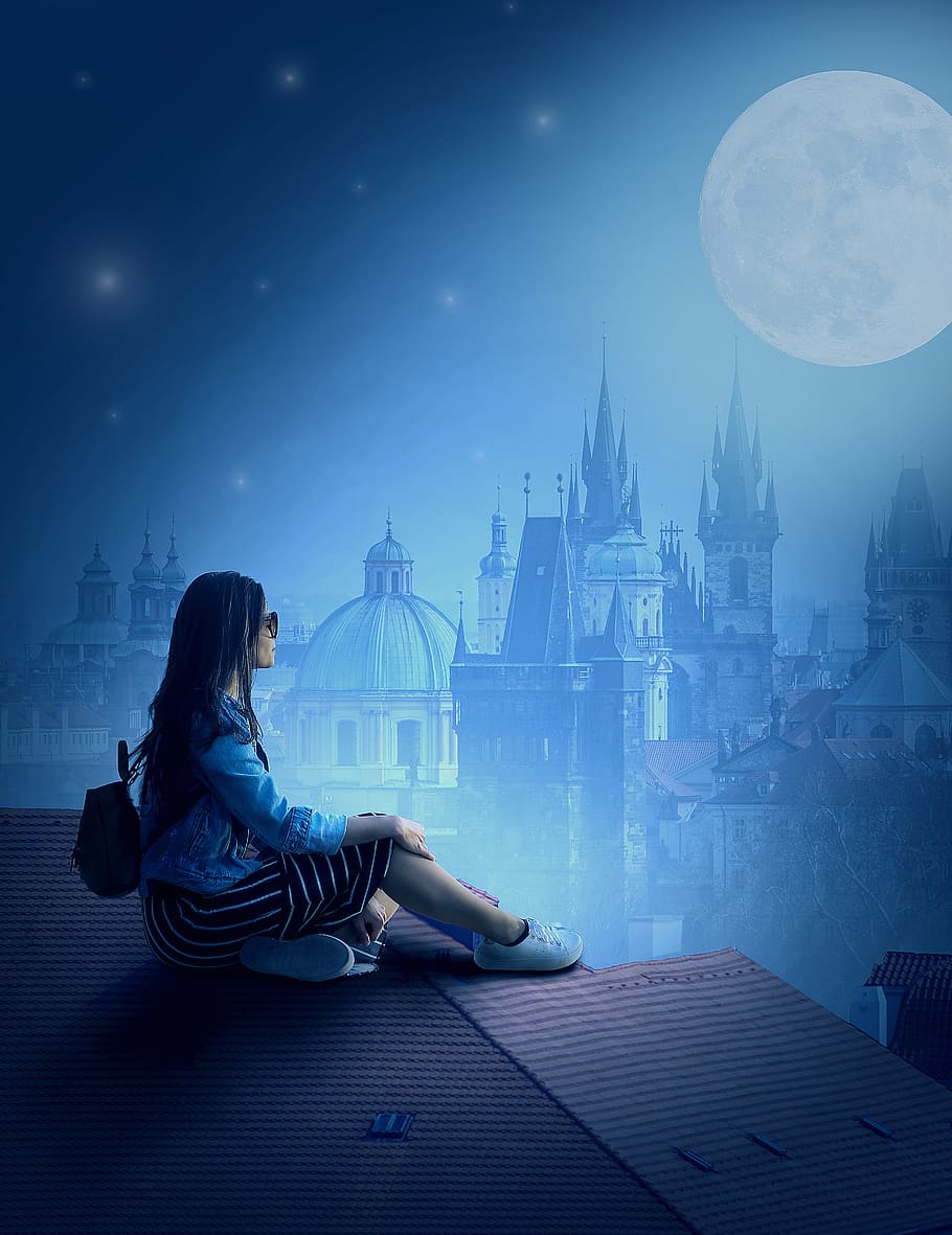 Prague, Moon, Girl, Women, Darkness, Spirituality, - Girl With Moon Images Hd , HD Wallpaper & Backgrounds