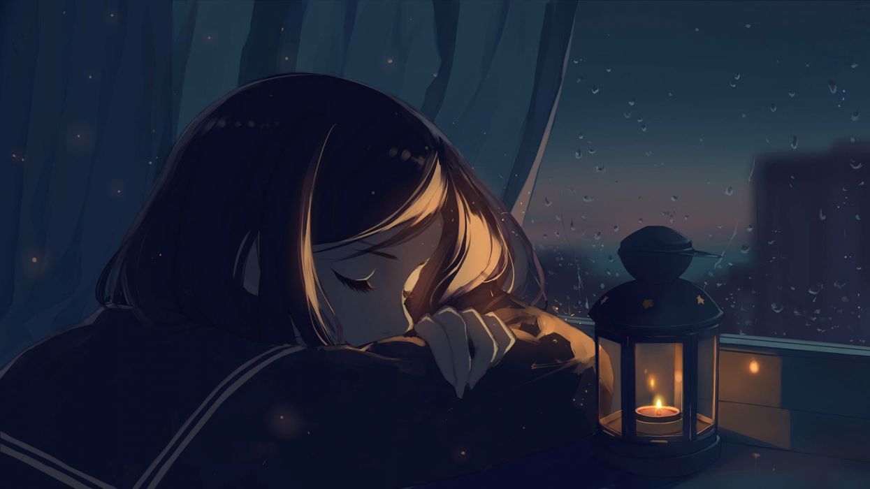 Black Hair Night Rain Seifuku Short Hair Sleep Wallpaper - Anime Girl Sleeping , HD Wallpaper & Backgrounds
