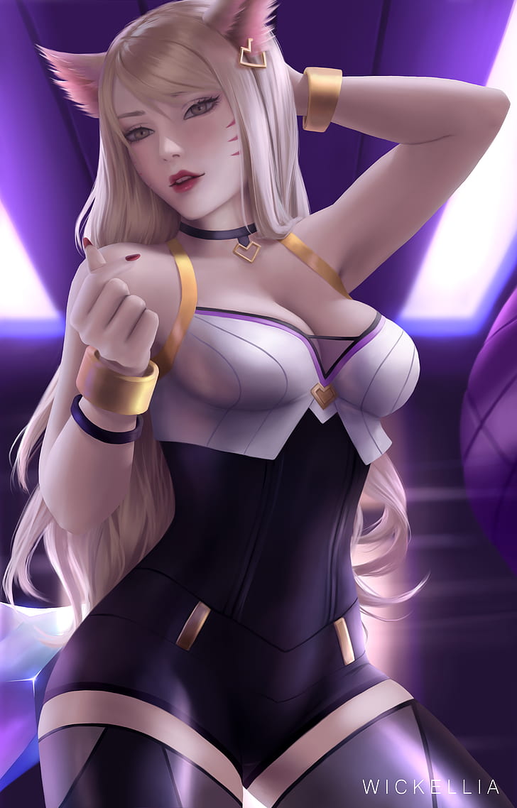 Wickellia, Cleavage, Ahri , Animal Ears, Hd Wallpaper - Ahri Kda Fanart , HD Wallpaper & Backgrounds