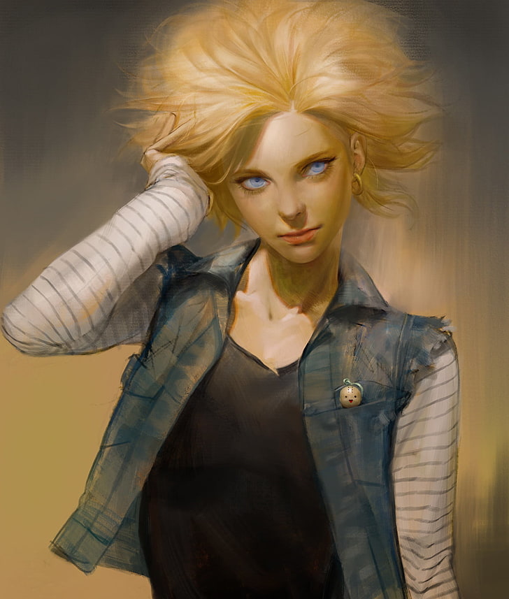 Blue And Black Dressed Woman Illustration, Sangsoo - Android 18 Concept Art , HD Wallpaper & Backgrounds