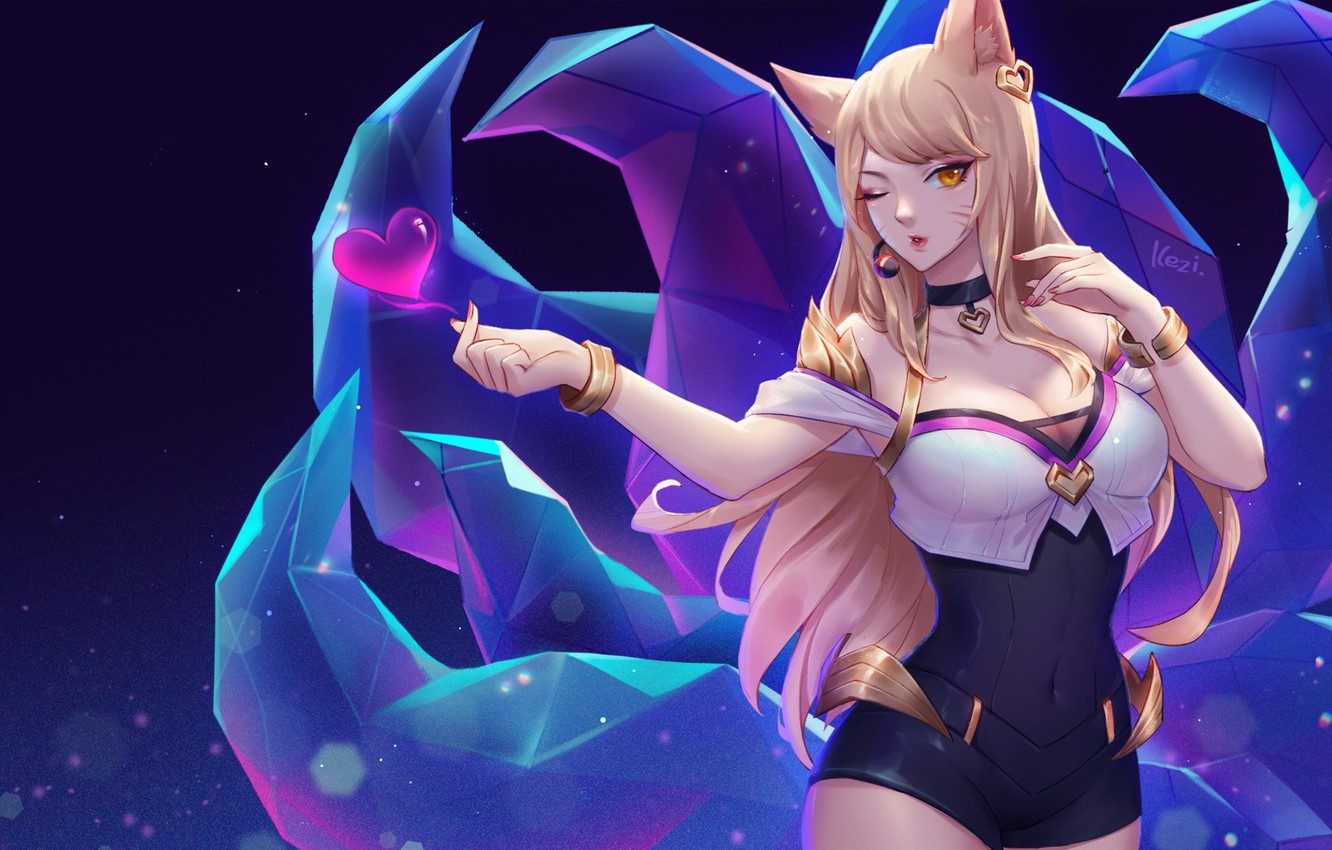 Photo Wallpaper Girl, Heart, Tails, Ahri, League Of - Kda Ahri Wallpaper Hd , HD Wallpaper & Backgrounds