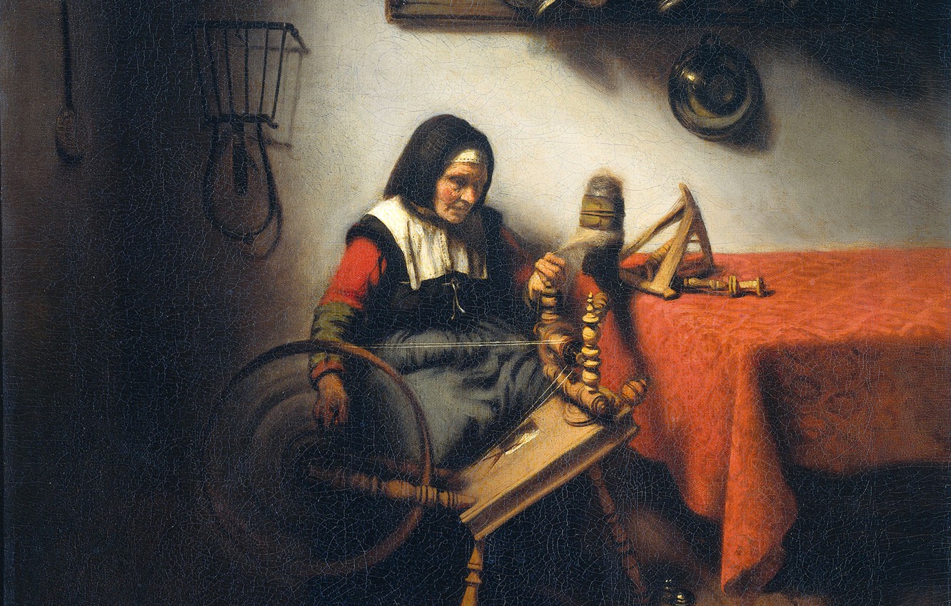 Photo Wallpaper Oil, Picture, Canvas, Nicolas Mas, - Nicolaes Maes Old Woman Spinning , HD Wallpaper & Backgrounds